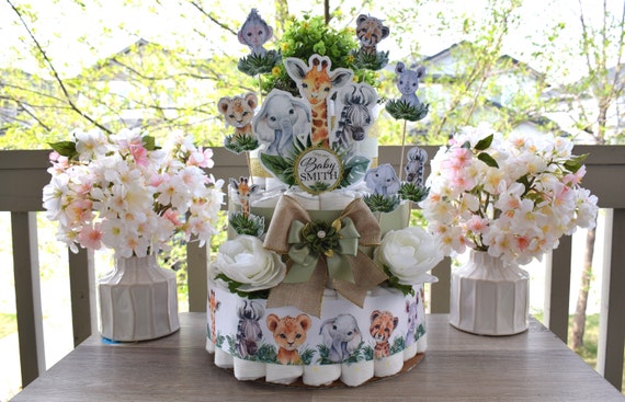 Jungle Safari Diaper Cake Baby Shower, Baby Shower Centerpieces Decorations, Room Nursery Decor, New Mom Gifts 3 Tier Diaper Cake - S0001