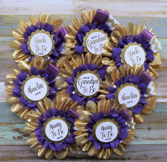 Purple Gold Prince Flower Sash, Purple Gold Maternity Sash, Purple Gold Pregnant Sash, Mommy and Daddy To Be, Purple Gold Baby Shower