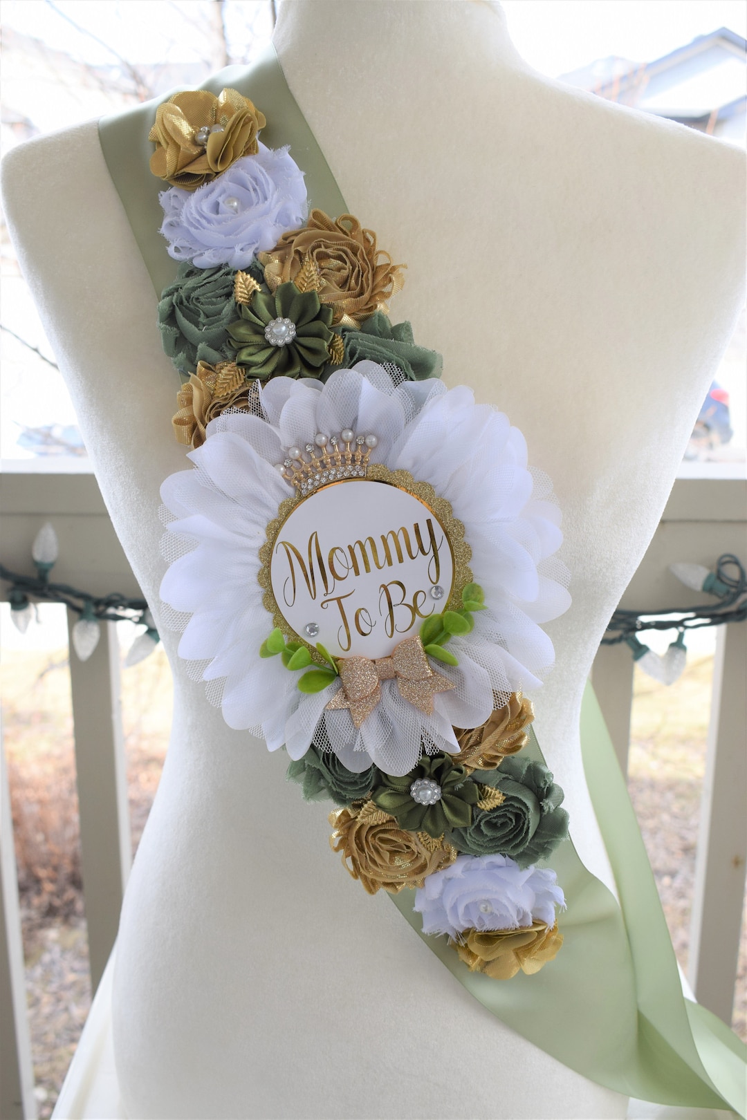 Greenery Shoulder Sash, Baby Shower, Green White Gold Shoulder Sash