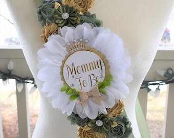 Greenery Shoulder Sash, Baby Shower, Green White Gold Shoulder Sash, Greenery Flower Sash, Greenery Baby Shower Shoulder Sash, Custom