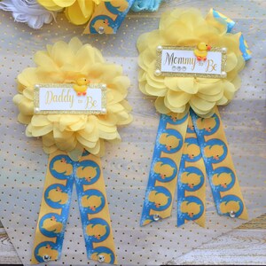 Rubber Duck Baby Shower, Ducky Maternity Sash, Mommy To Be Ribbon, Daddy To Be Corsage Pin, Yellow Blue White Duck Baby Shower Sash, Custom