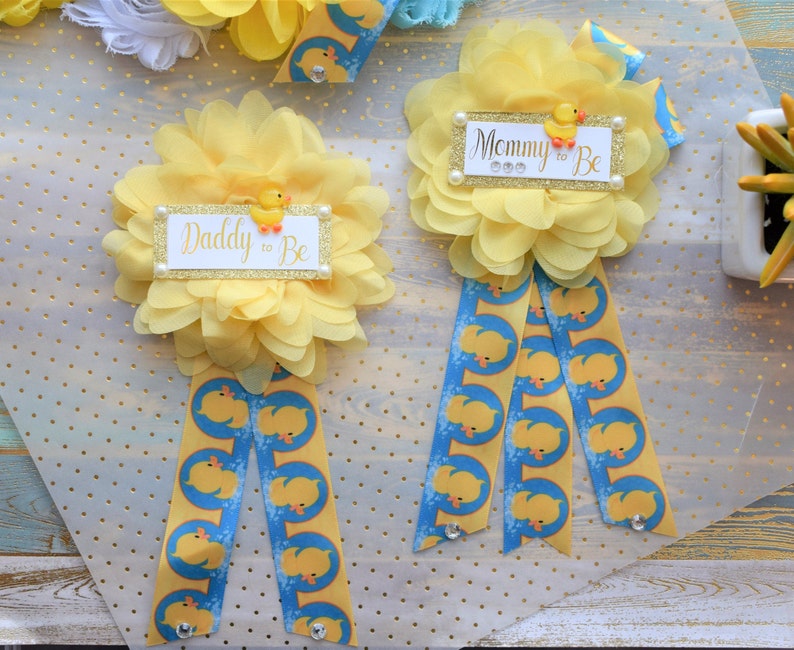 Rubber Duck Baby Shower, Ducky Flower Sash, Mommy To Be Ribbon, Daddy To Be Corsage Pin, Yellow Blue White Duck Baby Shower Sash, Custom image 8
