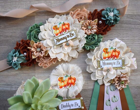 Vintage Pumpkin Baby Shower, Ivory Sage Beige Maternity Sash, Brown Cream Mommy To Be Ribbon, Sage Pumpkin Daddy To Be Pin, Custom