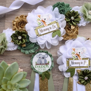 Koala Baby Shower, Koala Mommy to Be Pin, Koala Baby Shower Pin, Koala Greenery Maternity Sash, Baby Shower, Green White Gold - S0004