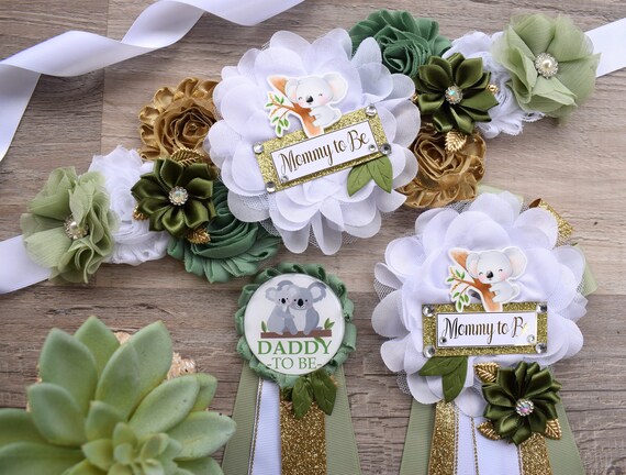 Koala Baby Shower, Koala Mommy to Be Pin, Koala Baby Shower Pin, Koala Greenery Maternity Sash, Baby Shower, Green White Gold - S0004