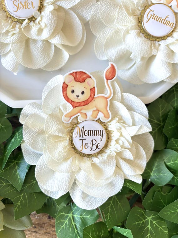 Lion Safari Baby Shower Pin, Mommy To Be Pin, Daddy To Be Pin, Big Sister, Big Brother, Grandma, Grandpa, Custom Wording Available