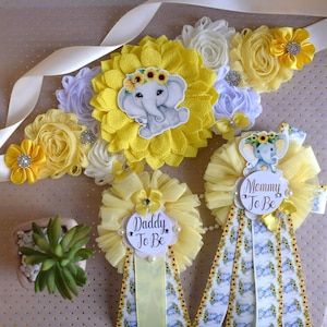 Sunflower Elephant Baby Shower, Yellow Ivory Flower Corsage Pin, Mommy To Be, Daddy To Be, Gender Reveal Sunflower Baby Shower, Sunflower