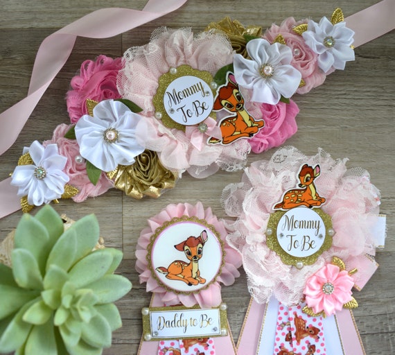 Girl Deer Baby Shower, Pink Deer Mommy To Be Maternity Sash, Deer Daddy To Be Corsage Pins, Pink White Gold Girl Deer, Custom
