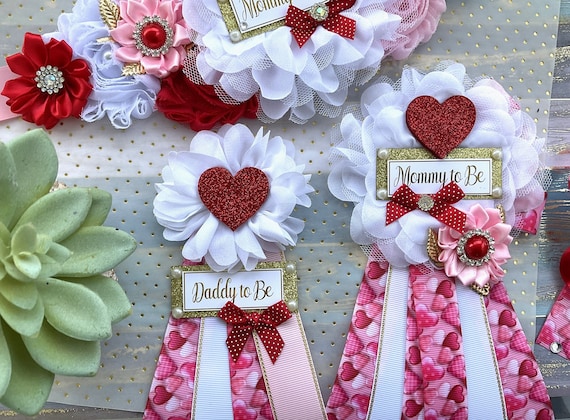 San Valentine Baby Shower, Red Pink White Heart Maternity Sash, Red Love Heart Mommy To Be Ribbon, Valentine Daddy To Be Pin, Custom