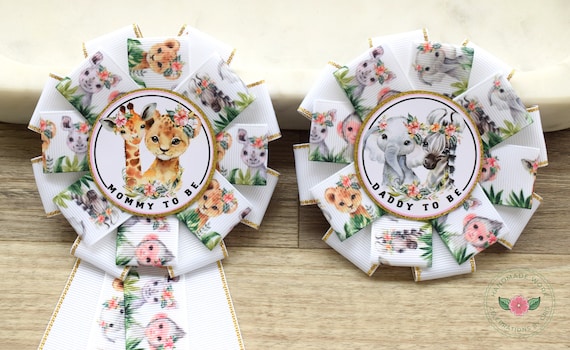 Girl Jungle Safari Baby Shower, Safari Animal Floral Mommy To Be Ribbon Pin, Animal Daddy To Be Badge Pin