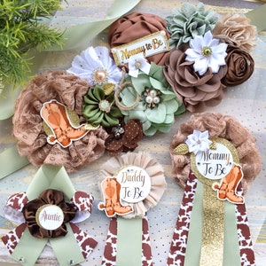 Sage Cowboy Baby Shower, Sage Cowboy Maternity Sash, Boy Cowboy Mommy and Daddy To Be Pin, Sage Brown Flower Sash, Sage Boot Hat Corsage Pin