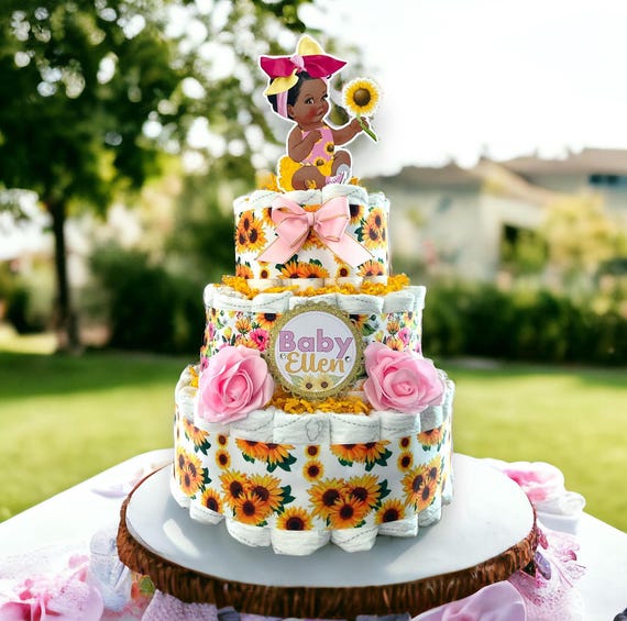 Girl Pink Sunflower Diaper Cake Baby Shower, Sunflower 3 Tier Diaper Cake Centerpieces Decorations, Baby Shower Decor Cake Topper - S0022