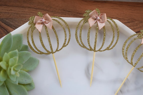 12 Pink Gold Pumpkin Cupcake Topper, Pumpkin Baby Shower, Pumpkin Party, Set of 12
