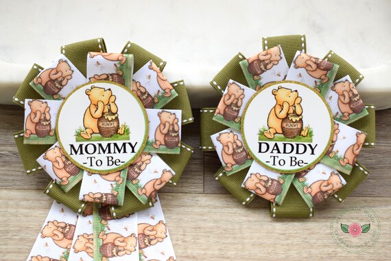 Classic Winnie The Pooh Baby Shower, Winnie the Pooh Mommy To Be Ribbon, Daddy To Be Pin, Winnie the Pooh Family Pins