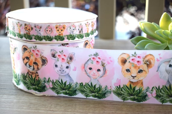 Girl Animal Safari Ribbon, Diaper Cake Ribbon, Pink Girl Baby Safari Ribbon, Safari Jungle || 3 Yards of Ribbon -1" (25mm) / 3" (75mm)