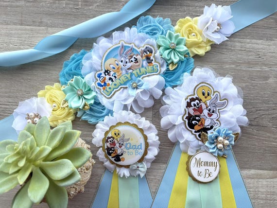 Boy Looney Baby Shower Set, Blue Aqua Yellow Maternity Sash, Mommy To Be Pin, Daddy To Be Pin, Custom Order Welcome