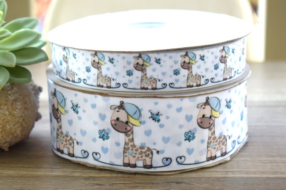 Blue Giraffe Baby Shower Ribbon, Boy Giraffe Ribbon, Blue Giraffe Ribbon, Giraffe Grosgrain || 3 Yards of Ribbon - 1" (25mm) / 2" (50mm)