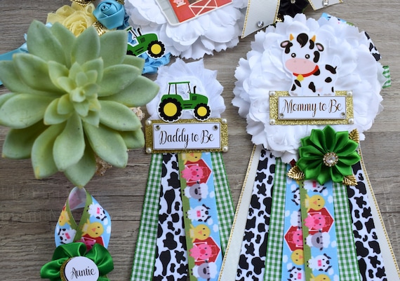 Farm Animal Baby Shower, Barn Animal Baby Shower, Cow Sheep Horse Mommy To Be Ribbon Pin, Daddy To Be Ribbon Pin, Green Truck Baby Shower