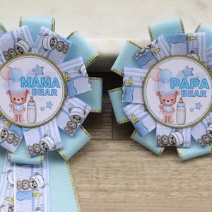 Boy Blue Teddy Bear Baby Shower, Boy Bear Mommy To Be Ribbon Pin, Blue Teddy Bear Daddy To Be Pin