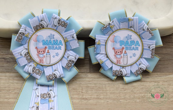 Boy Blue Teddy Bear Baby Shower, Boy Bear Mommy To Be Ribbon Pin, Blue Teddy Bear Daddy To Be Pin