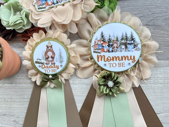 Winter Woodland Baby Shower, Snow Woodland Maternity Sash, Woodland Mommy To Be Pin, Daddy To Be Pin, Baby Shower Gift, Custom Order Welcome