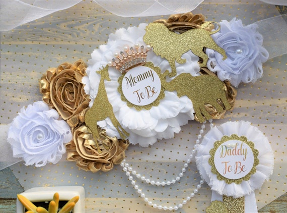 Safari White Gold Flower Sash, Gold Safari Animals, White Gold Maternity Sash, Jungle Safari White Gold Baby Shower, Mommy pin
