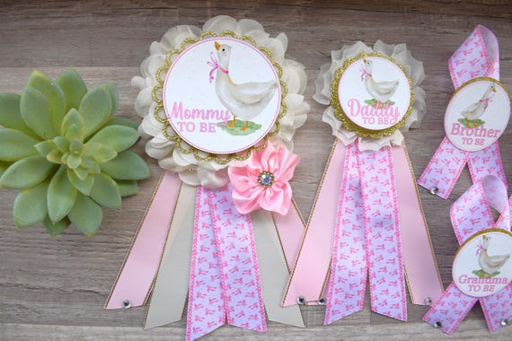 Girl Silly Goose Baby Shower, Goose Maternity Belly Sash, Ivory Pink Gold Mommy To Be Ribbon Pin, Goose Daddy To Be Pin, Family Custom Pins