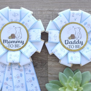 White Baby Boy Bear Baby Shower, Gender Reveal Bear Mommy To Be Ribbon Pin, Bear Daddy To Be Pin, Parent&#39;s To Be Pins