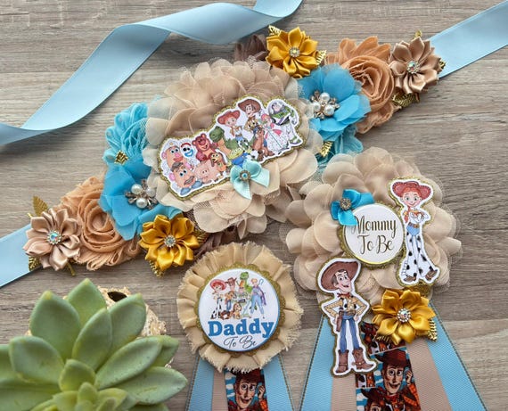 Cowboy Sheriff Woody Baby Shower, Maternity Sash, Mommy To Be Pin, Daddy To Be Pin, Custom Baby Shower Set