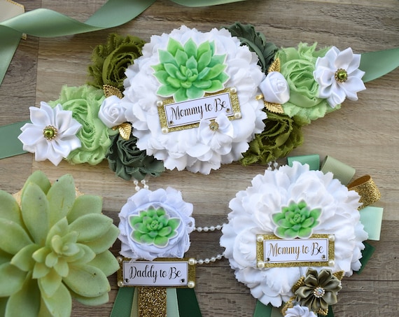 Succulent Baby Shower, Succulent Maternity Sash, Green White Mommy To Be Ribbon, Greenery Daddy To Be Ribbon Pin, Custom