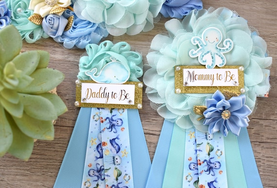 Under The Sea Baby Shower, Turtle Octopus Starfish Aqua Blue Flower Maternity Sash, Under The Sea Mommy To Be, Under The Sea Daddy To Be