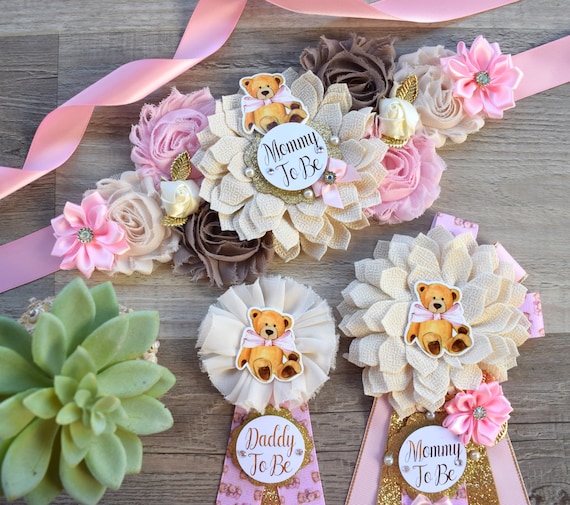 Pink Girl Teddy Bear Baby Shower, Pink Bear Mommy Bear Maternity Sash, Papa Bear, Mommy To Be Pin, Daddy To Be Pin, Girl Teddy Bear, Custom