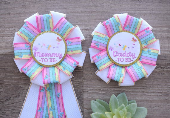 Rainbow Butterfly Baby Shower, Butterfly Mommy To Be Ribbon Pin, Multicolor Daddy To Be Pin, Pink Lavender Butterfly Big Sister, Big Brother