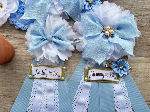 Blue Bow Baby Shower, Boy Blue Bow Maternity Sash, Blue Bow Mommy To Be Ribbon Pin, Bow Daddy To Be Pin, Family Custom Pins, Custom Order