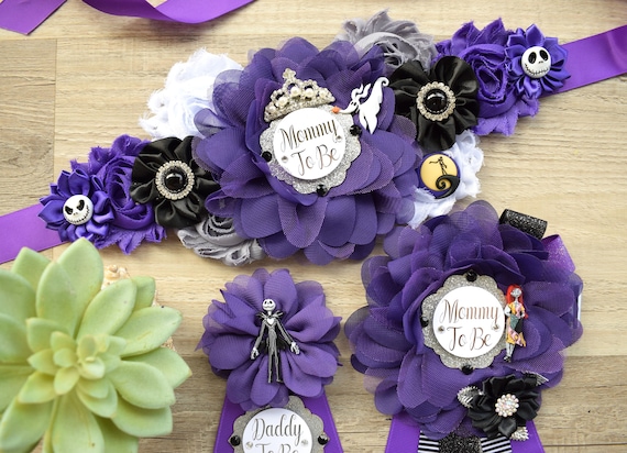 Halloween Baby Shower, Halloween Baby Shower, Purple Flower Sash, Purple Black Maternity Sash, Mommy To Be Pin, Daddy To Be