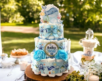 Under Sea Diaper Cake Baby Shower, Octopus Turtle Baby Shower Centerpieces Decorations, Boy Room Nursery Decor, New Mom Gifts - S00015
