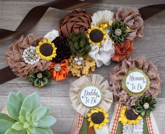 Fall Autumn Baby Shower, Autumn Maternity Sash, Mommy To Be Ribbon Pin, Daddy To Be Pin, Thanksgiving Sash Sunflower, Autumn Baby Shower