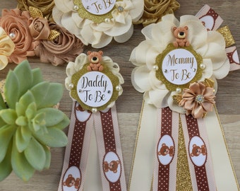 Teddy Bear Baby Shower, Teddy Bear Flower Sash, Ivory Tan Beige Teddy Bear Corsage Pin, Bear Mommy To Be, Teddy Bear Daddy To Be, Custom