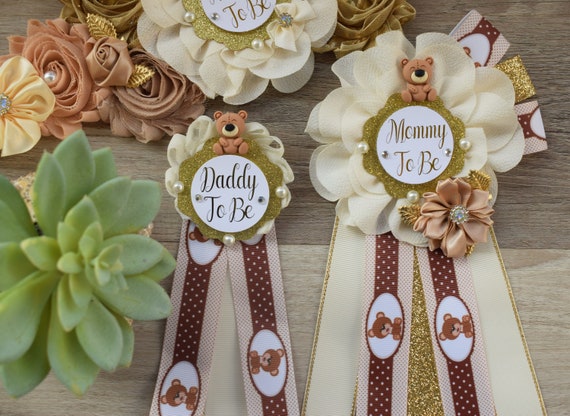 Teddy Bear Baby Shower, Teddy Bear Flower Sash, Ivory Tan Beige Teddy Bear Corsage Pin, Bear Mommy To Be, Teddy Bear Daddy To Be, Custom