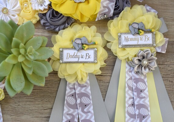 Yellow Grey Elephant Baby Shower, Yellow Grey Elephant Corsage Pin Set, Yellow Grey Corsage Pin, Elephant Mommy To Be Pin, Daddy To Be Pin