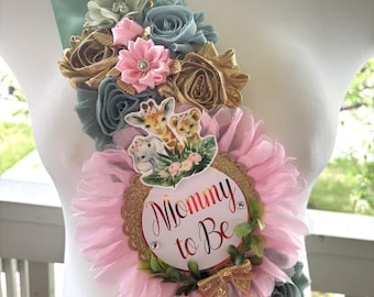 Pink Girl Jungle Safari Animal Baby Shower, Jungle Safari Shoulder Sash and Daddy To Be Pin, Pink Safari Shoulder Sash, Shoulder Sash