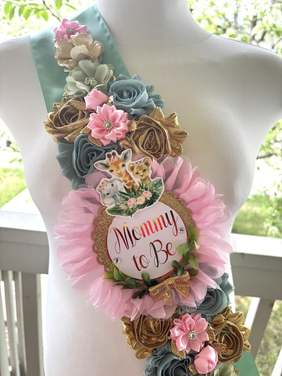 Pink Girl Jungle Safari Animal Baby Shower, Jungle Safari Shoulder Sash and Daddy To Be Pin, Pink Safari Shoulder Sash, Shoulder Sash