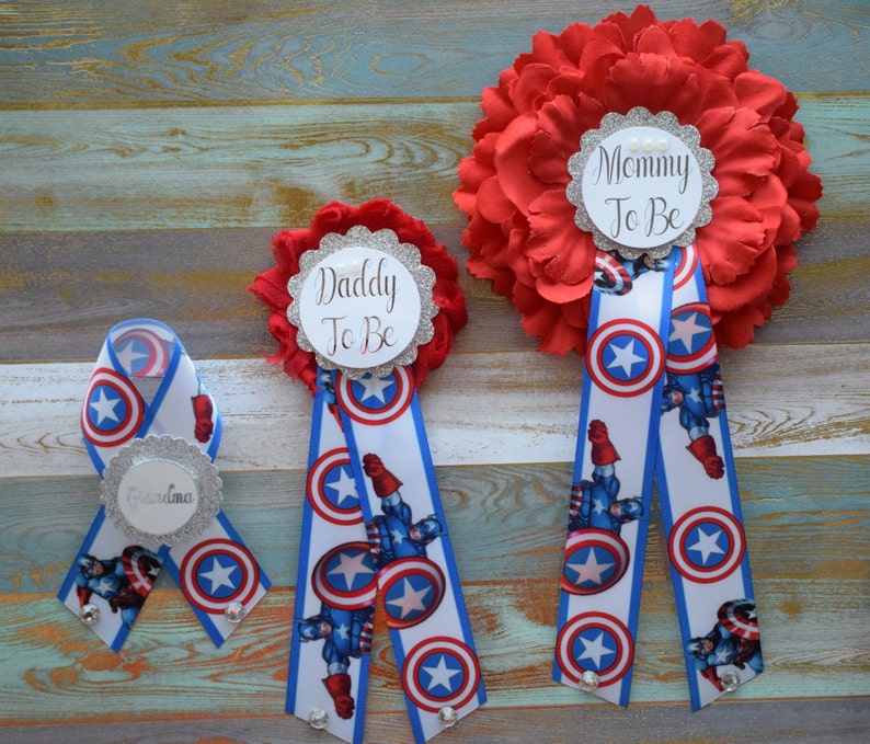Red Blue White Hero Flower Sash Red Blue Flower Sash Custom Captain America Baby Shower Avenger Maternity Sash Superhero Baby Shower