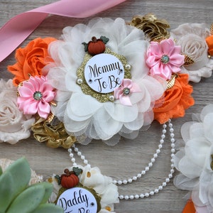 Girl Pumpkin Baby Shower, Orange Pink Maternity Sash, Orange Pink Mommy To Be Pin, Pumpkin Daddy To Be Pin, Orange Pink Baby Shower, Custom