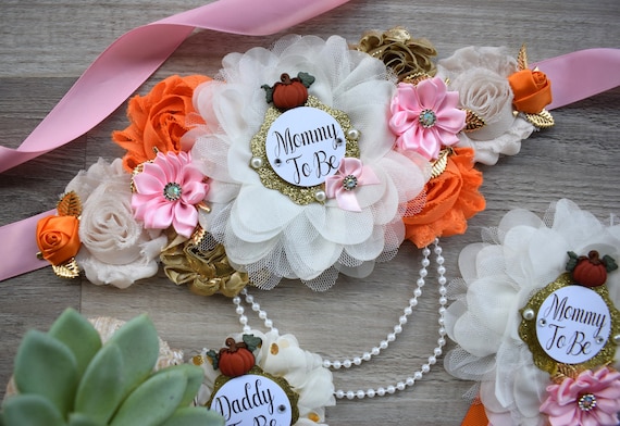 Girl Pumpkin Baby Shower, Orange Pink Maternity Sash, Orange Pink Mommy To Be Pin, Pumpkin Daddy To Be Pin, Orange Pink Baby Shower, Custom