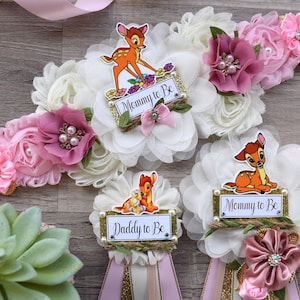 Pink Deer Baby Shower, Pink Deer Mommy To Be Maternity Sash, Deer Daddy To Be Corsage Pins, Pink Tan Gold Girl Beer, Custom