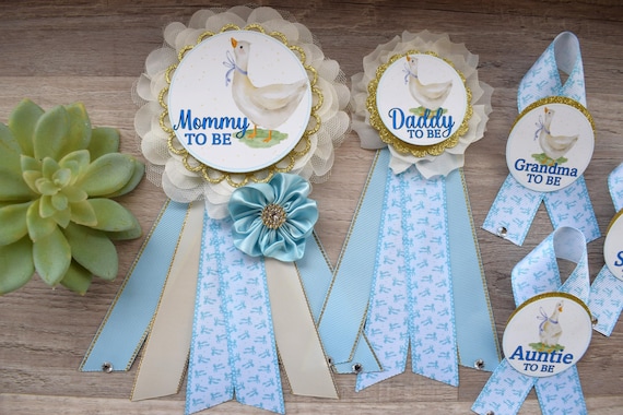 Boy Silly Goose Baby Shower, Goose Maternity Belly Sash, Ivory Blue Gold Mommy To Be Ribbon Pin, Goose Daddy To Be Pin, Family Custom Pins