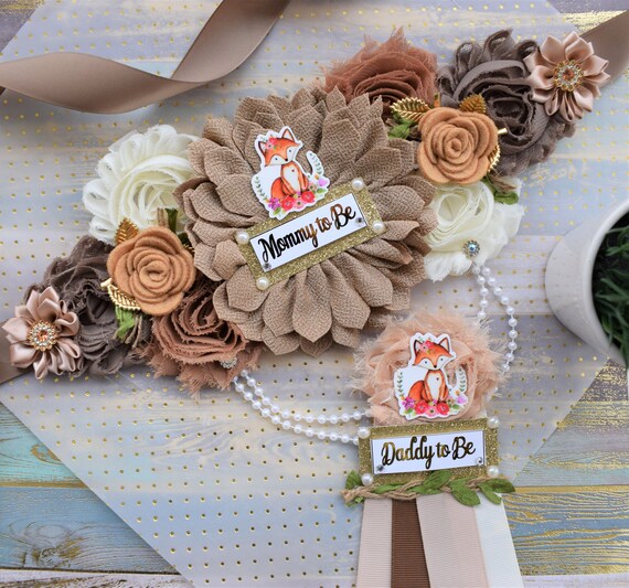 Girl Fox Baby Shower, Flower Fox Woodland Maternity Sash, Daddy To Be Pin, Woodland Baby Shower, Fox Shower, Woodland Pin