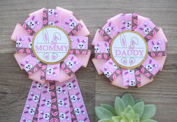 Pink Girl Rabbit Baby Shower, Easter Baby Shower, Bunny Mommy to Be Ribbon Pin, Daddy To Be Pin, Parent's To Be Pin