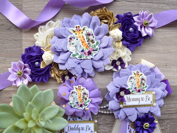 Girl Purple Safari Jungle Maternity Sash, Purple Lavender Gold Green Safari Maternity Sash, Purple Floral Animal Flower Baby Shower